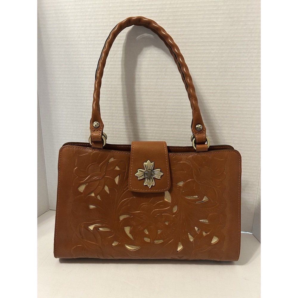 Patricia Nash Rosina Handbag Cutout Tooled Embossed Tan Leather Shoulder Bag